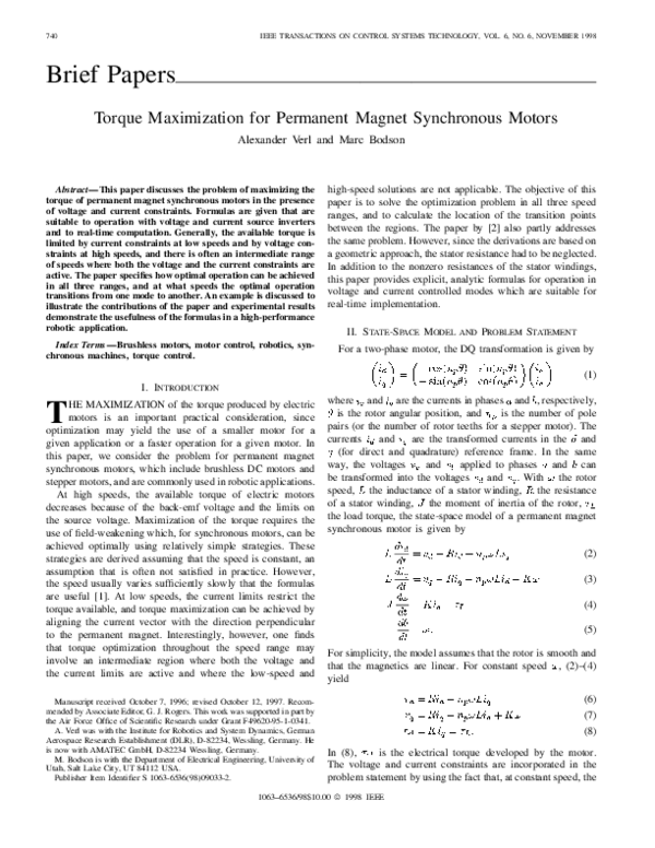 (PDF) Torque maximization for permanent magnet synchronous motors