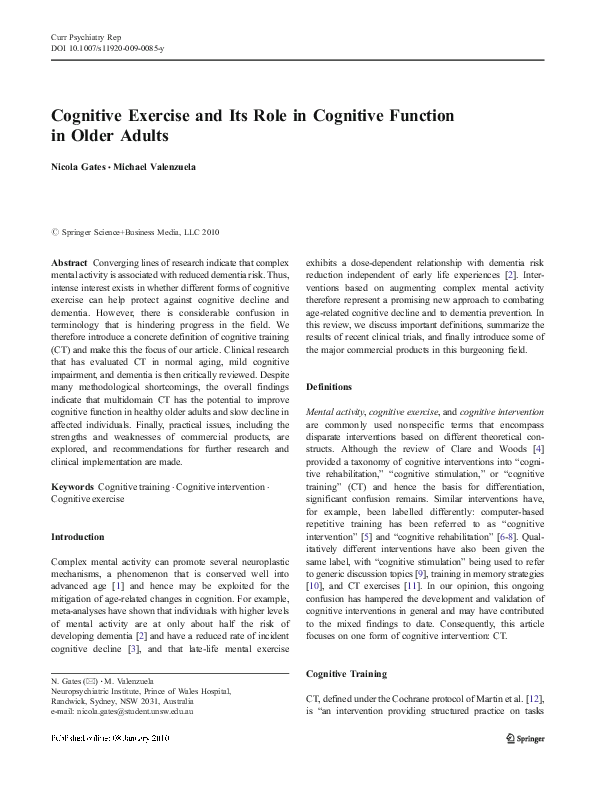 (PDF) Cognitive Exercise and Its Role in Cognitive Function in Older Adults