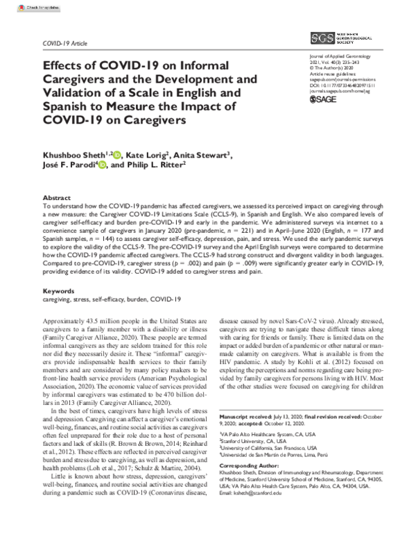 (PDF) Effects of COVID-19 on Informal Caregivers and the Development ...