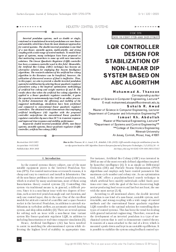 (PDF) LQR controller design for stabilization of non-linear DIP system ...