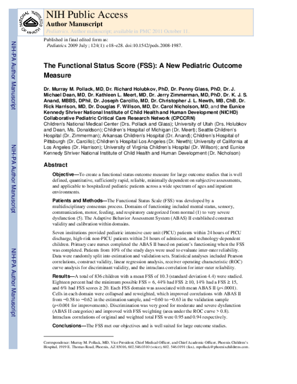 (PDF) Functional Status Scale: New Pediatric Outcome Measure