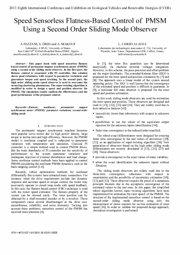 (PDF) Speed sensorless flatness-based control of PMSM using a second ...