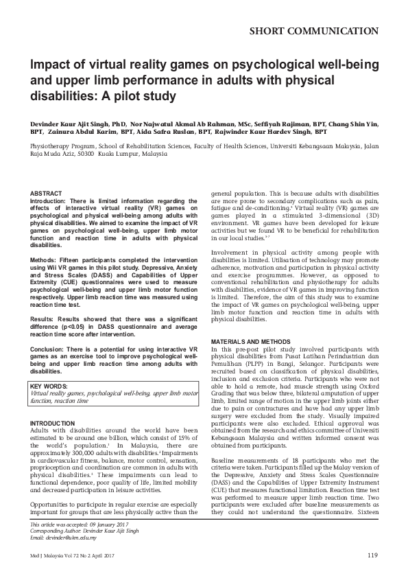 (PDF) Impact of virtual reality games on psychological well-being and ...