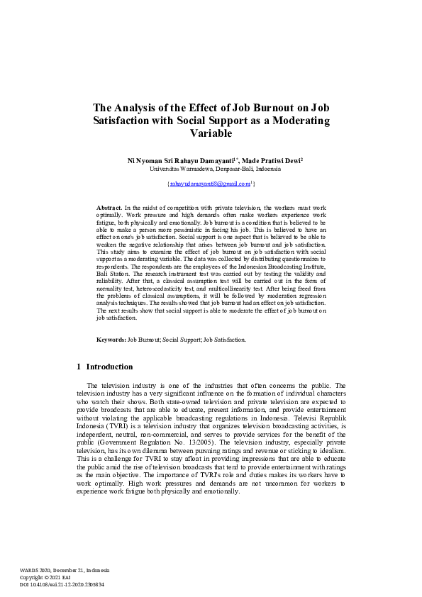 (PDF) The Analysis of the Effect of Job Burnout on Job Satisfaction ...