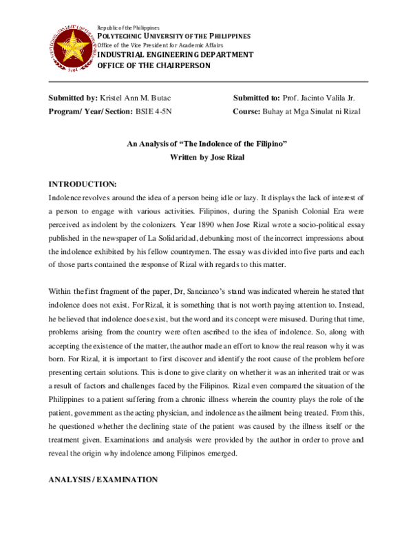 (PDF) An Analysis of “The Indolence of the Filipino” Written by Jose Rizal
