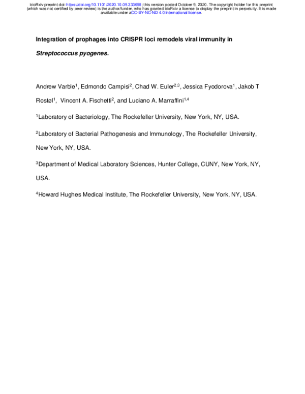 (PDF) Integration of prophages into CRISPR loci remodels viral immunity ...