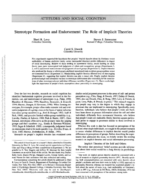 (PDF) Stereotype formation and endorsement: The role of implicit theories