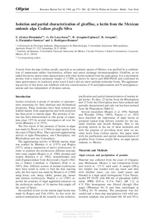 (PDF) Isolation and partial characterization of giraffine, a lectin ...
