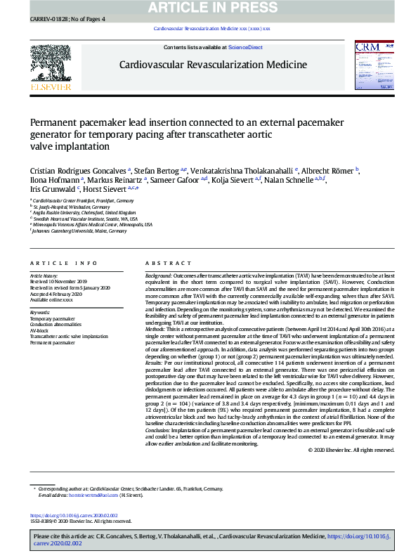 (PDF) Permanent Pacemaker Lead Insertion Connected to an External ...