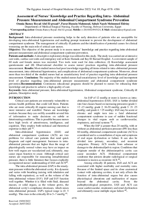 (PDF) Assessment of Nurses’ Knowledge and Practice Regarding Intra ...