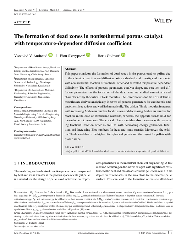 (PDF) The formation of dead zones in nonisothermal porous catalyst with ...