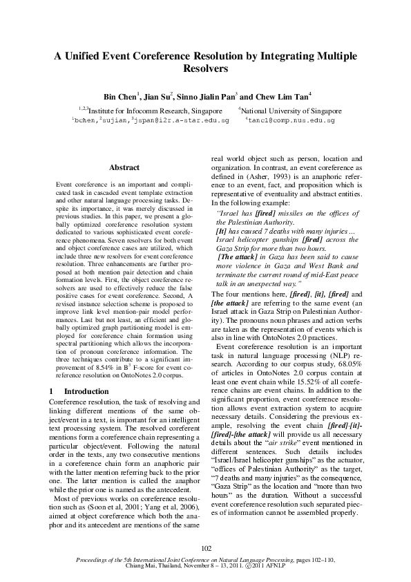 (PDF) A Unified Event Coreference Resolution by Integrating Multiple ...