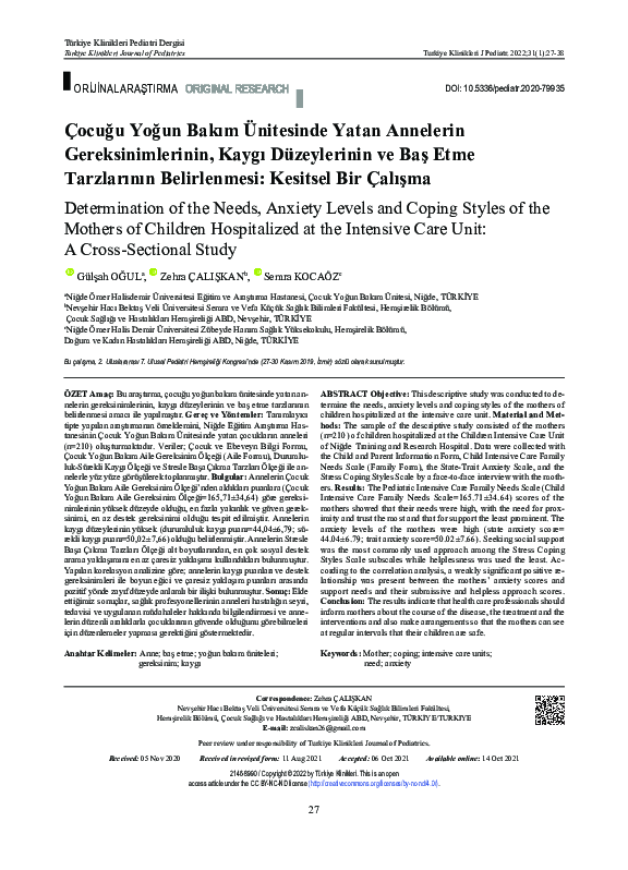 (PDF) Determination of the Needs, Anxiety Levels and Coping Styles of ...