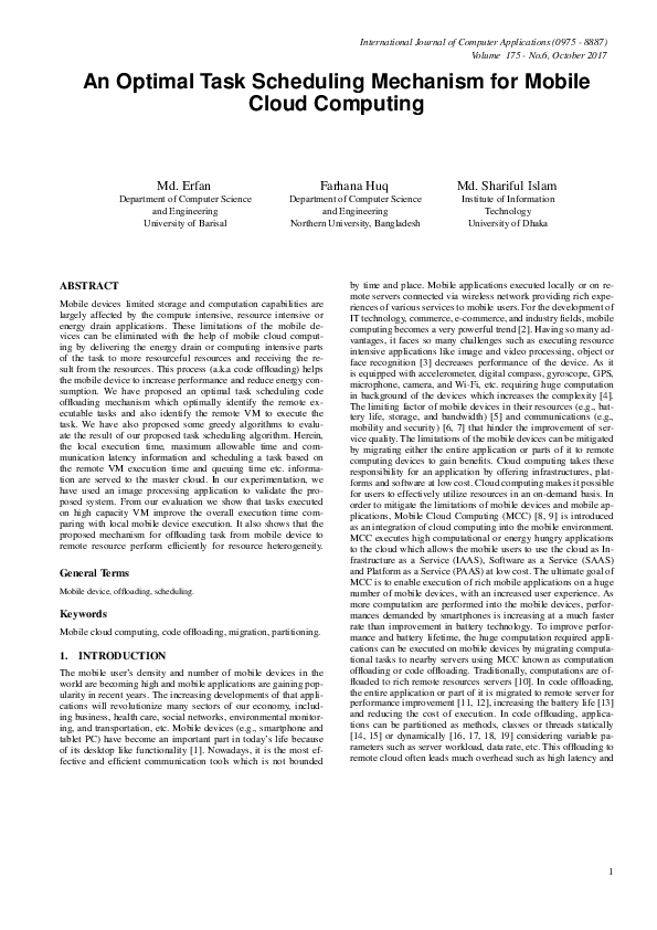 (PDF) An Optimal Task Scheduling Mechanism for Mobile Cloud Computing