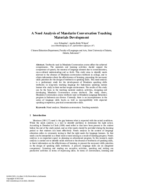 (PDF) A Need Analysis of Mandarin Conversation Teaching Materials ...