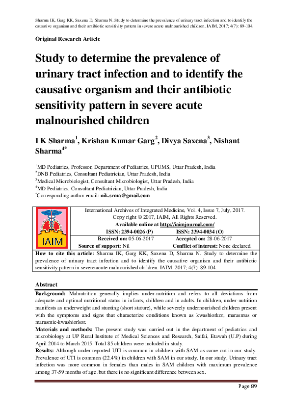 (PDF) Study to determine the prevalence of urinary tract infection and ...