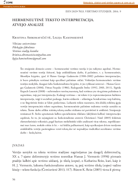 (PDF) Hermeneutinė Teksto Interpretacija. Atvejo Analizė