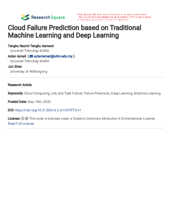 (PDF) Cloud Failure Prediction based on Traditional Machine Learning ...