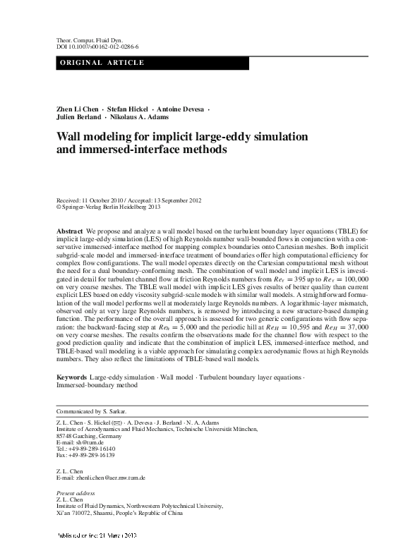 (PDF) Wall modeling for implicit large-eddy simulation and immersed ...