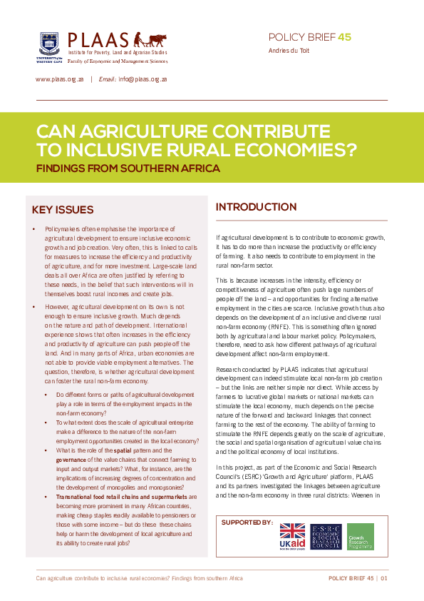 (PDF) Can Agriculture Contribute to Inclusive Rural Economies? Findings ...