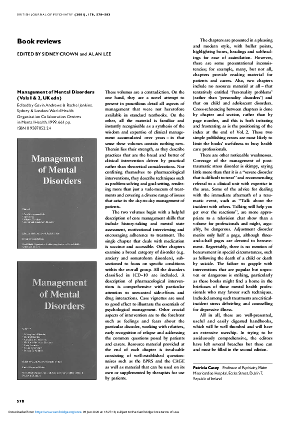 (PDF) Management of Mental Disorders (Vols 1 & 2, UK edn)