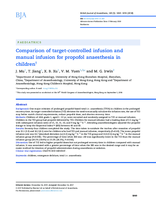 (PDF) Comparison of target-controlled infusion and manual infusion for ...