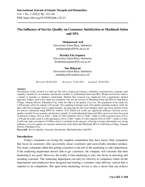 (PDF) The Influence of Service Quality on Consumer Satisfaction at ...