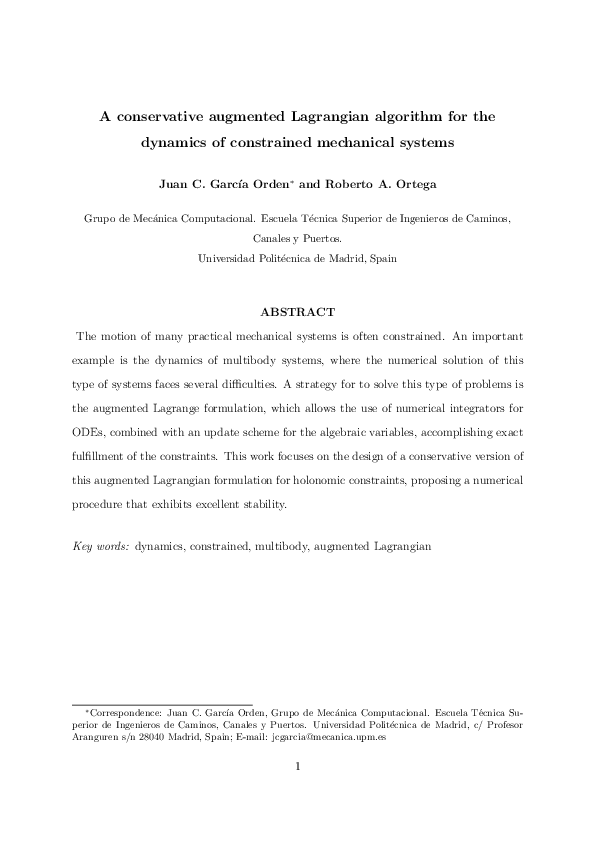(PDF) A conservative augmented Lagrangian algorithm for the dynamics of ...
