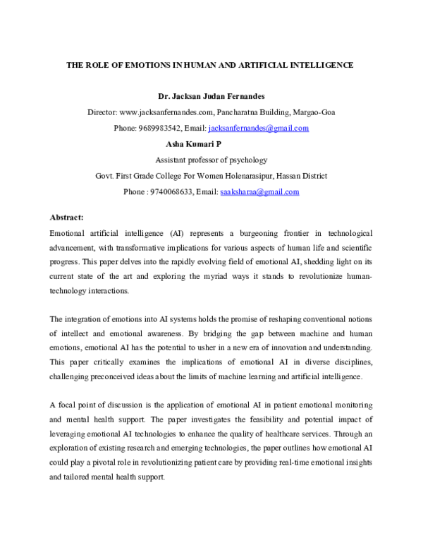 (DOC) THE ROLE OF EMOTIONS IN HUMAN AND ARTIFICIAL INTELLIGENCE