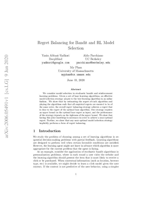 (PDF) Regret Balancing for Bandit and RL Model Selection