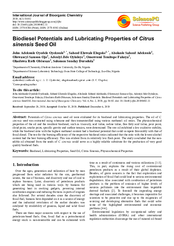 Biodiesel Potentials and Lubricating Properties of &amp;lt;i&amp;gt;Citrus sinensis&amp;lt;/i&amp;gt; Seed Oil