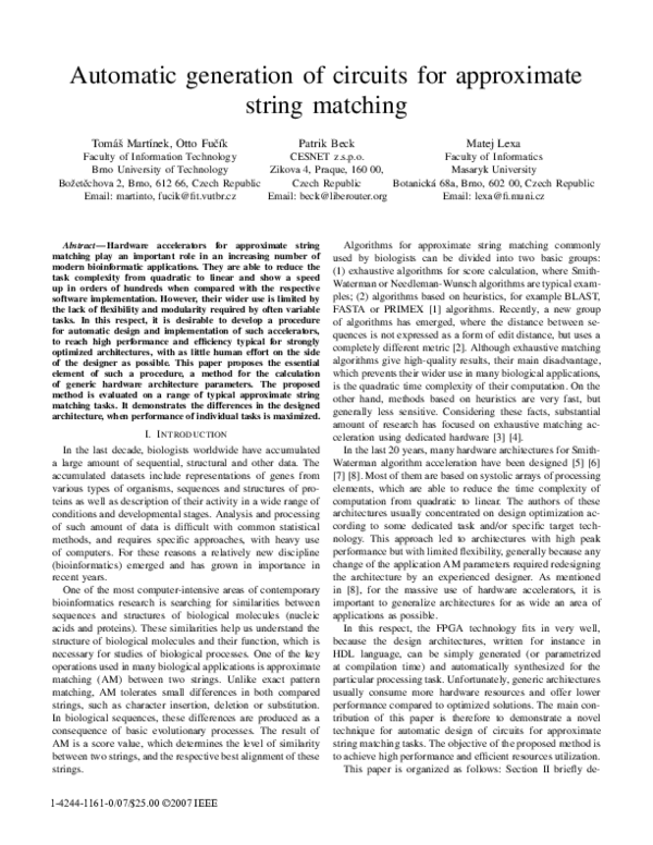 (PDF) Automatic generation of circuits for approximate string matching