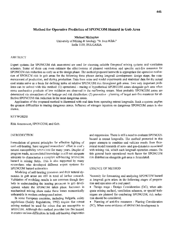 (PDF) Method for Operative Prediction of SPONCOM Hazard in Gob Area