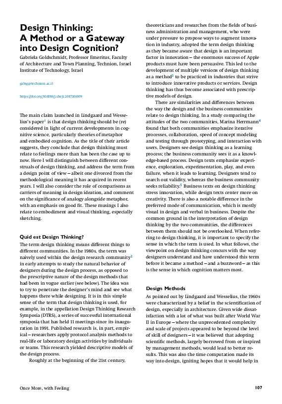 (PDF) Design Thinking: A Method or a Gateway into Design Cognition?