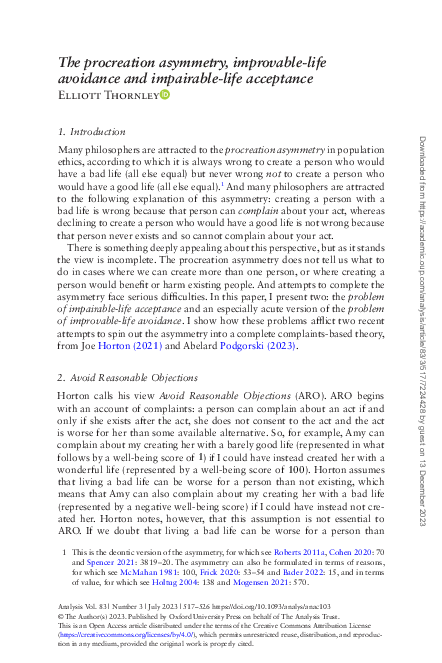 (PDF) The procreation asymmetry, improvable-life avoidance and ...