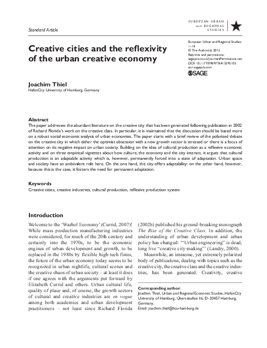 (PDF) Creative cities and the reflexivity of the urban creative economy