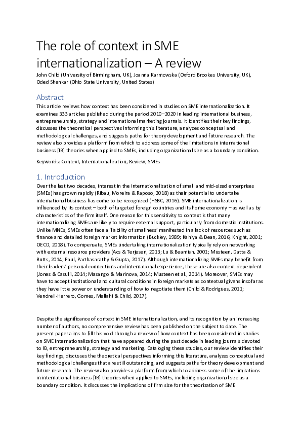 (PDF) The role of context in SME internationalization – A review