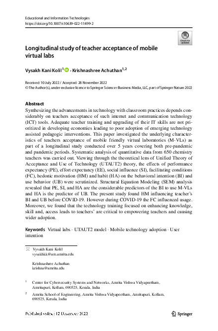 (PDF) Longitudinal study of teacher acceptance of mobile virtual labs