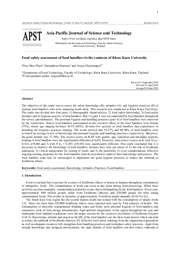 (PDF) Food safety assessment of food handlers in the canteens of Khon ...