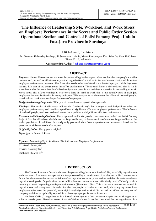 (PDF) The Influence of Leadership Style, Workload, and Work Stress on ...