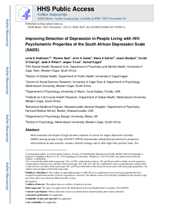 (PDF) Improving Detection of Depression in People Living with HIV ...