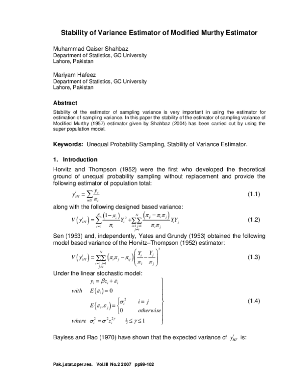 (PDF) Stability of Variance Estimator of Modified Murthy Estimator