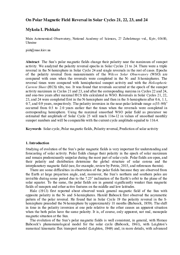 (PDF) On Polar Magnetic Field Reversal in Solar Cycles 21, 22, 23, and 24
