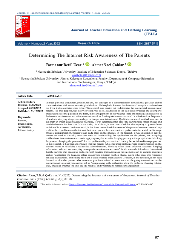 (PDF) Determining The Internet Risk Awareness of The Parents