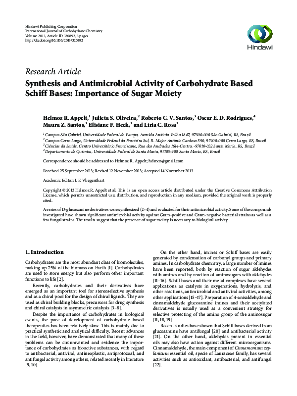 (PDF) Synthesis and Antimicrobial Activity of Carbohydrate Based Schiff ...