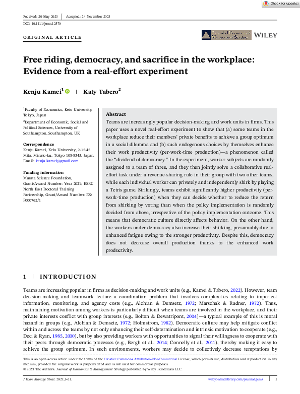 (PDF) Free riding, democracy, and sacrifice in the workplace: Evidence ...