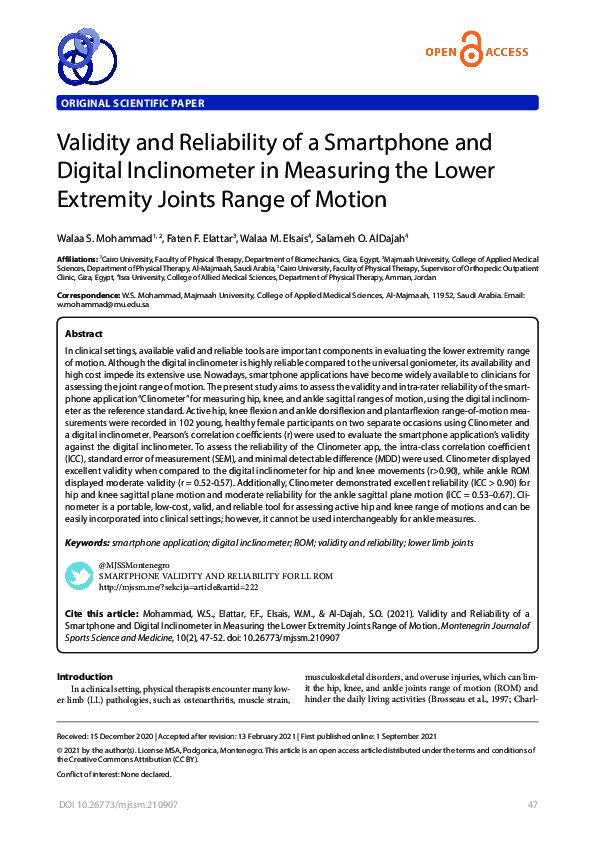 (PDF) Validity and Reliability of a Smartphone and Digital Inclinometer ...