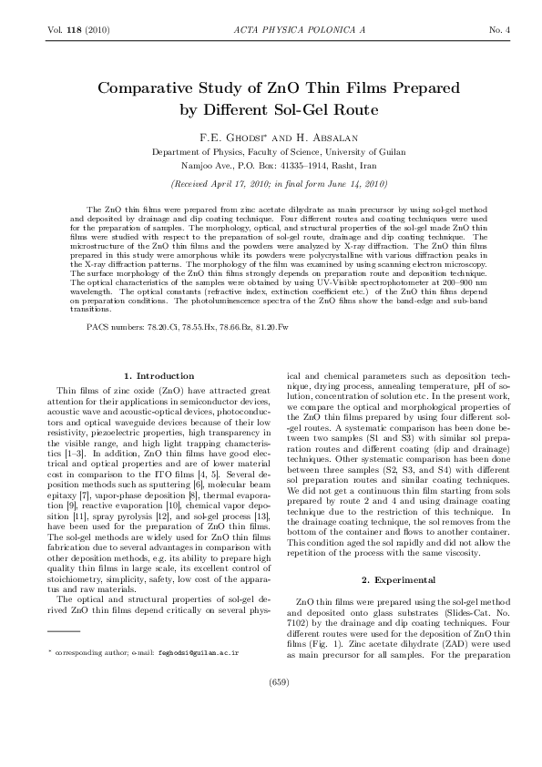(PDF) Comparative Study of ZnO Thin Films Prepared by Different Sol-Gel ...