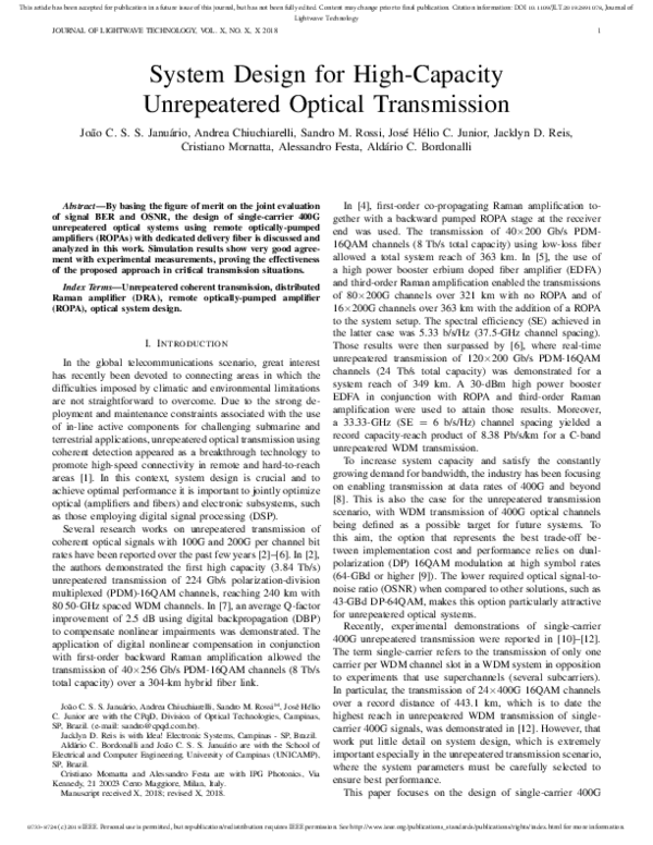 (PDF) System Design for High-Capacity Unrepeatered Optical Transmission