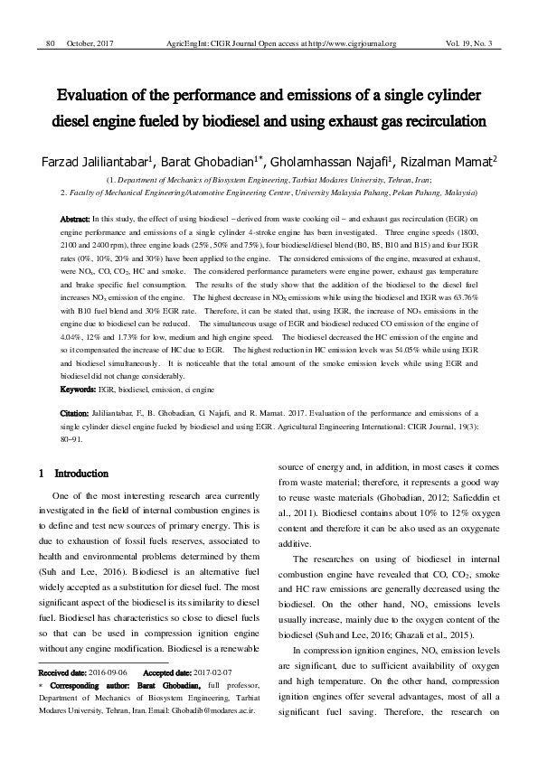 (PDF) Evaluation of the performance and emissions of a single cylinder ...